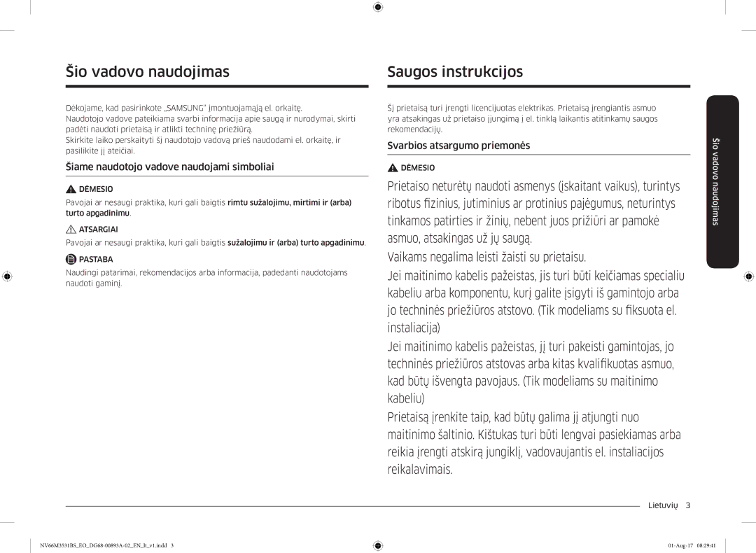 Samsung NV66M3531BS/EO manual Saugos instrukcijos, Šio vadovo naudojimas, Šiame naudotojo vadove naudojami simboliai 