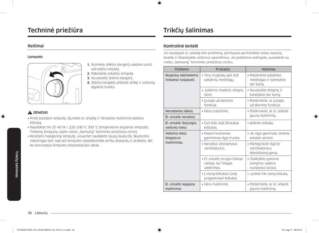 Samsung NV66M3531BS/EO manual Trikčių šalinimas, Keitimai, Kontrolinė lentelė 