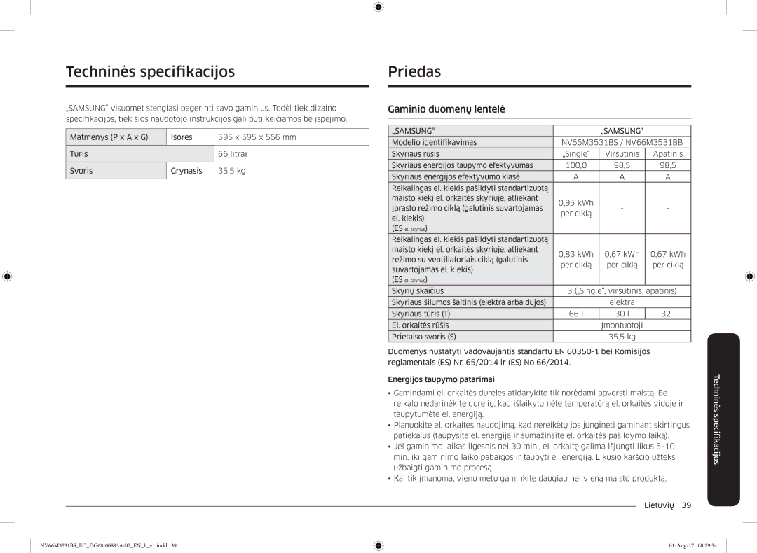 Samsung NV66M3531BS/EO manual Techninės specifkacijos, Priedas, Gaminio duomenų lentelė 