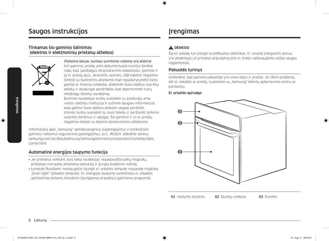 Samsung NV66M3531BS/EO manual ĮrenSaugosimasinstrukcijosĮrengimas, Automatinė energijos taupymo funkcija, Pakuotės turinys 