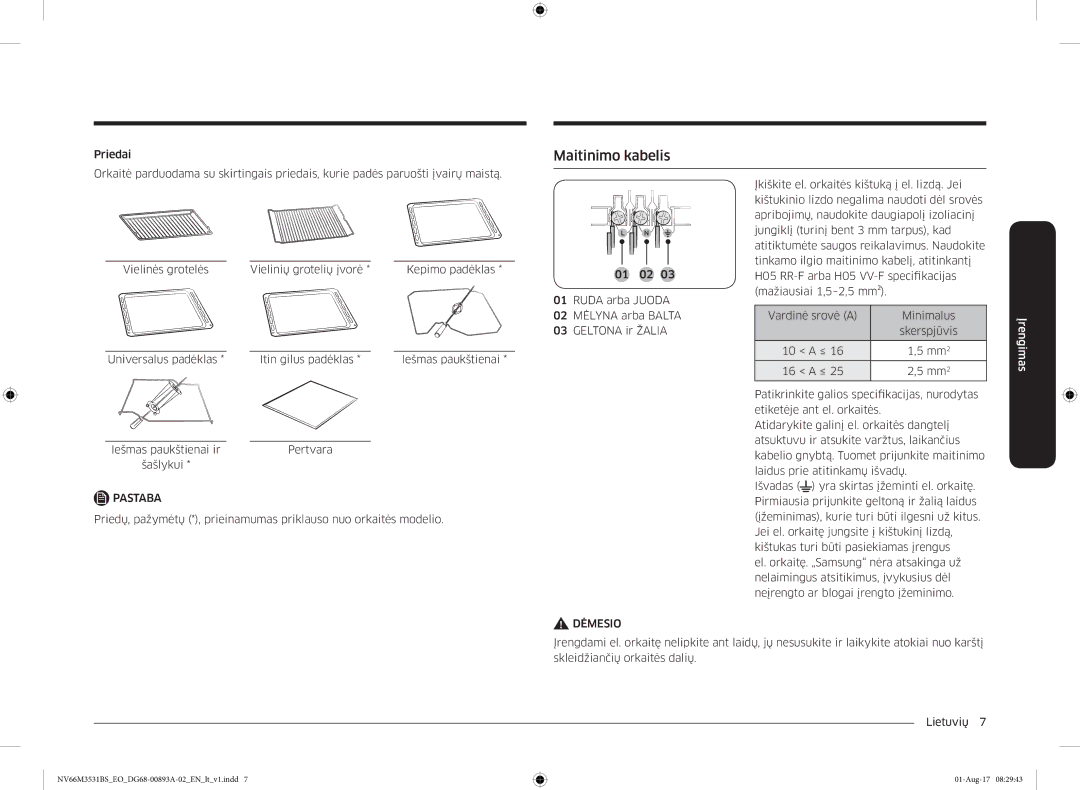 Samsung NV66M3531BS/EO manual Maitinimo kabelis 