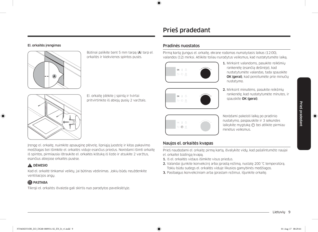 Samsung NV66M3531BS/EO manual Prieš pradedant, Pradinės nuostatos, Naujos el. orkaitės kvapas 