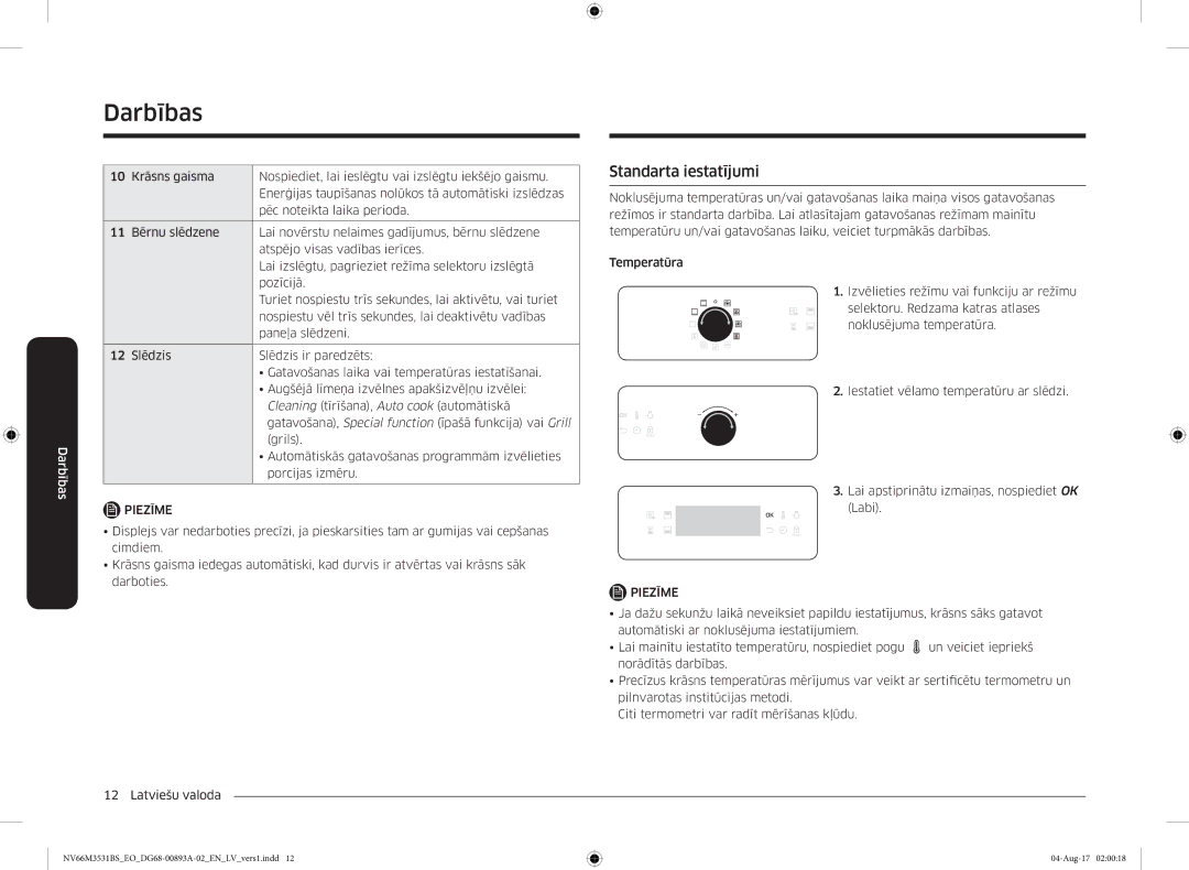 Samsung NV66M3531BS/EO manual Standarta iestatījumi 