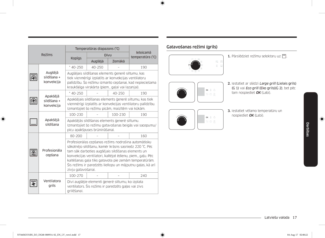 Samsung NV66M3531BS/EO manual Gatavošanas režīmi grils 