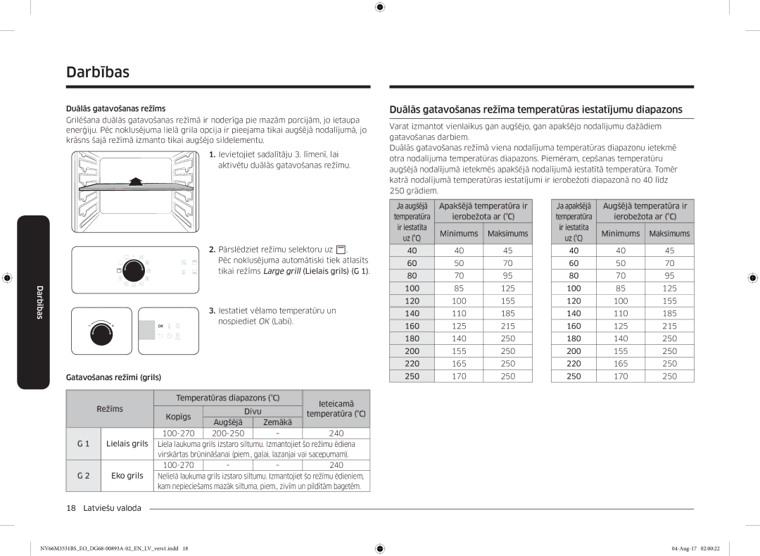 Samsung NV66M3531BS/EO manual Duālās gatavošanas režīma temperatūras iestatījumu diapazons 