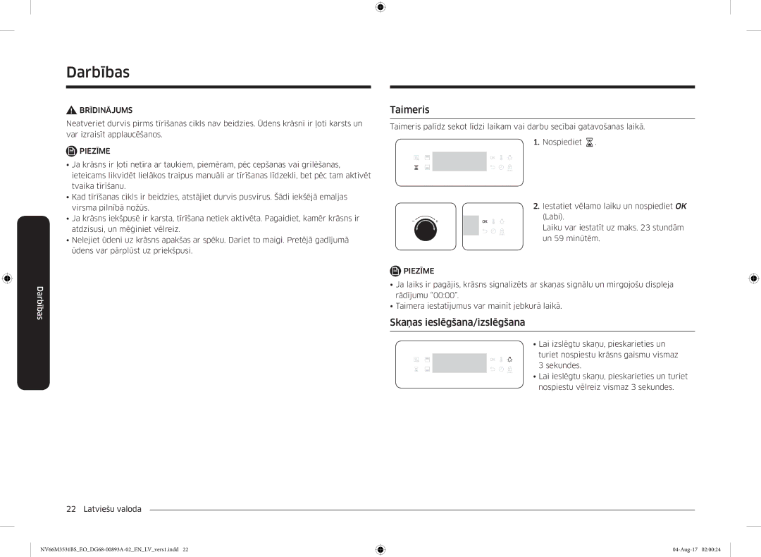 Samsung NV66M3531BS/EO manual Taimeris, Skaņas ieslēgšana/izslēgšana 