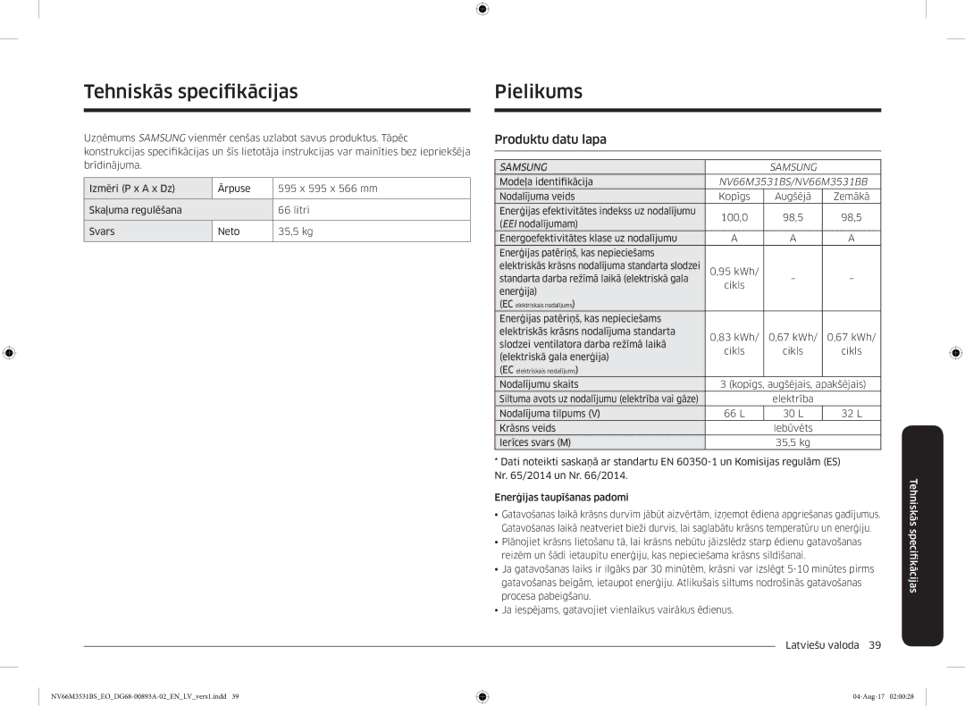 Samsung NV66M3531BS/EO manual Tehniskās specifkācijas, Pielikums, Produktu datu lapa 