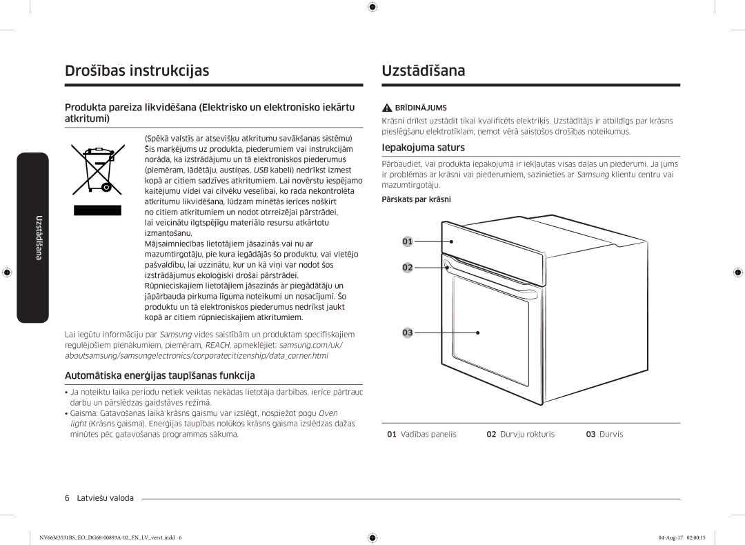 Samsung NV66M3531BS/EO manual UzstādīšainstrukcijasDrošībasUzstādīšana, Automātiska enerģijas taupīšanas funkcija 