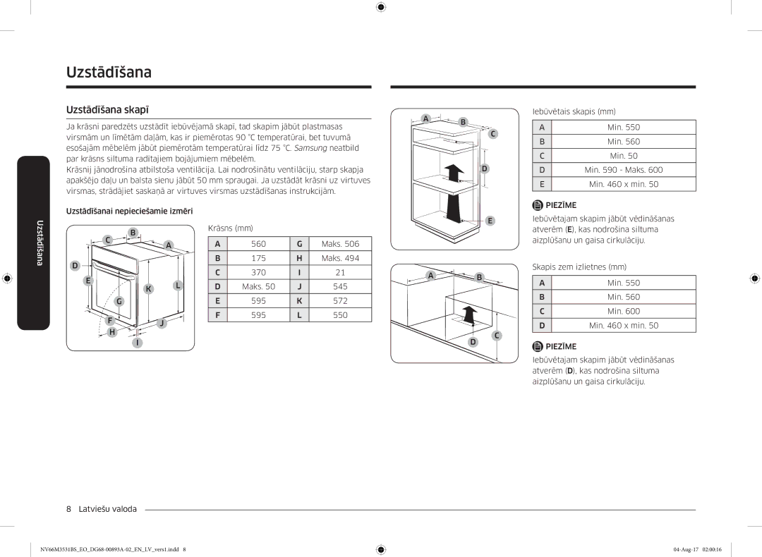 Samsung NV66M3531BS/EO manual Uzstādīšana skapī 