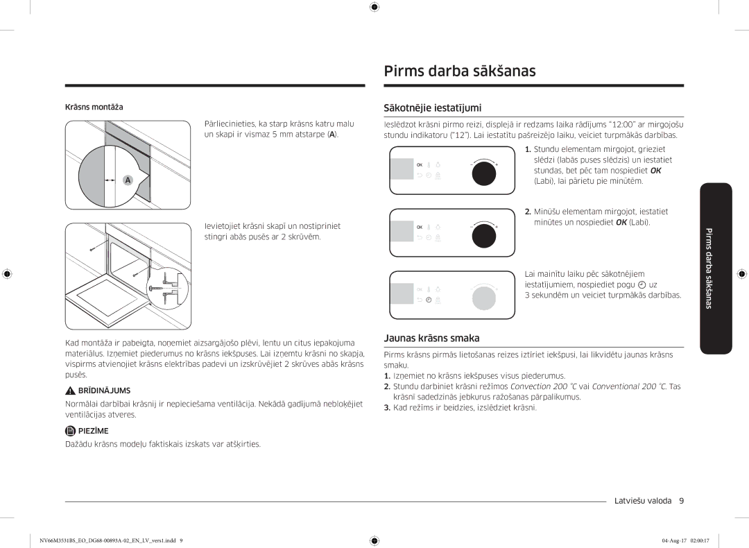 Samsung NV66M3531BS/EO manual Pirms darba sākšanas, Sākotnējie iestatījumi, Jaunas krāsns smaka 