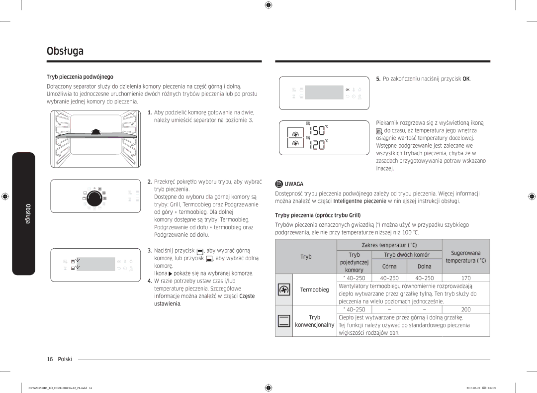 Samsung NV66M3531BS/EO manual Tryb Tryb dwóch komór, Pojedynczej, Tej funkcji należy używać do standardowego pieczenia 