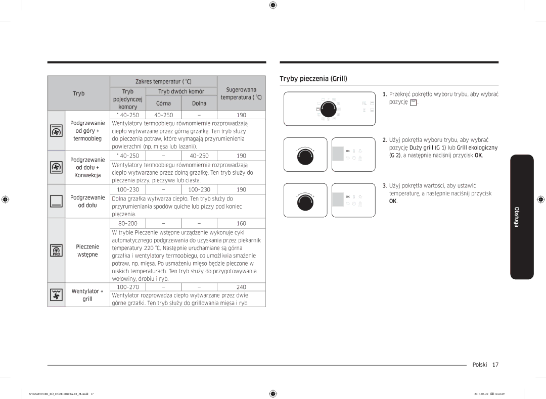 Samsung NV66M3531BS/EO manual Tryby pieczenia Grill 