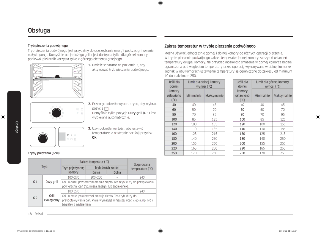 Samsung NV66M3531BS/EO manual Zakres temperatur w trybie pieczenia podwójnego, Komory Górna, Duży grill 