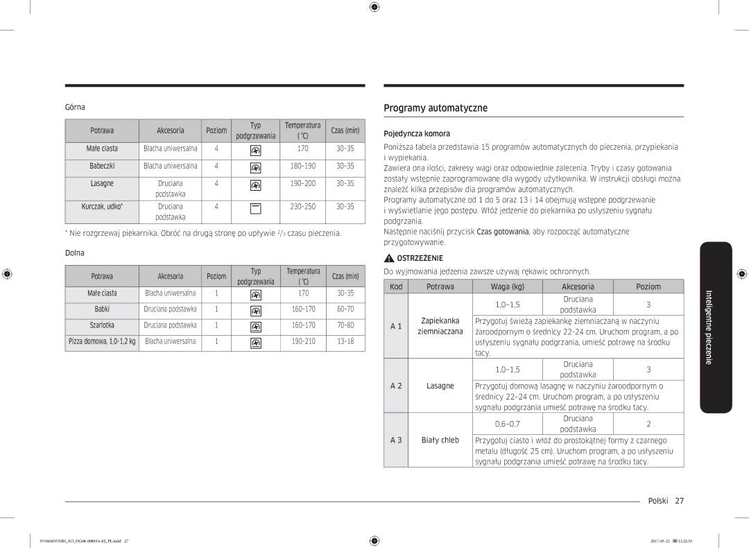 Samsung NV66M3531BS/EO manual Górna Potrawa Akcesoria Poziom Typ, Żaroodpornym o średnicy 22-24 cm. Uruchom program, a po 