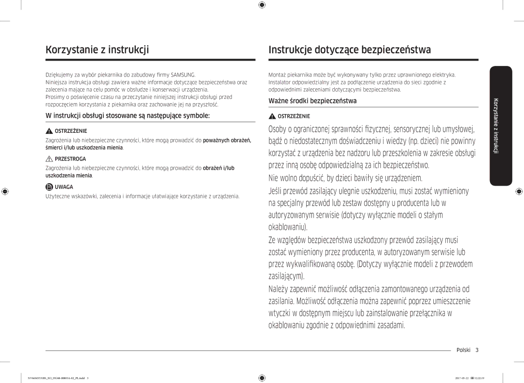 Samsung NV66M3531BS/EO Instrukcje dotyczące bezpieczeństwa, Korzystanie z instrukcji, Ważne środki bezpieczeństwa, Polski  