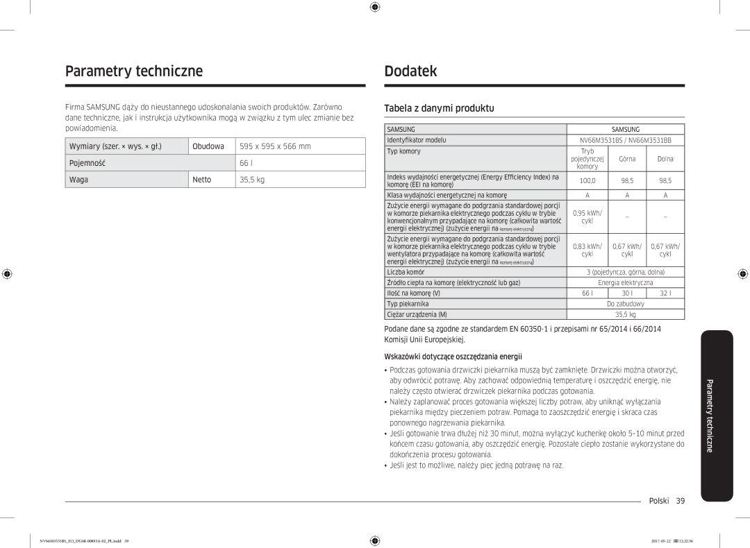 Samsung NV66M3531BS/EO manual Parametry techniczne, Dodatek, Tabela z danymi produktu 