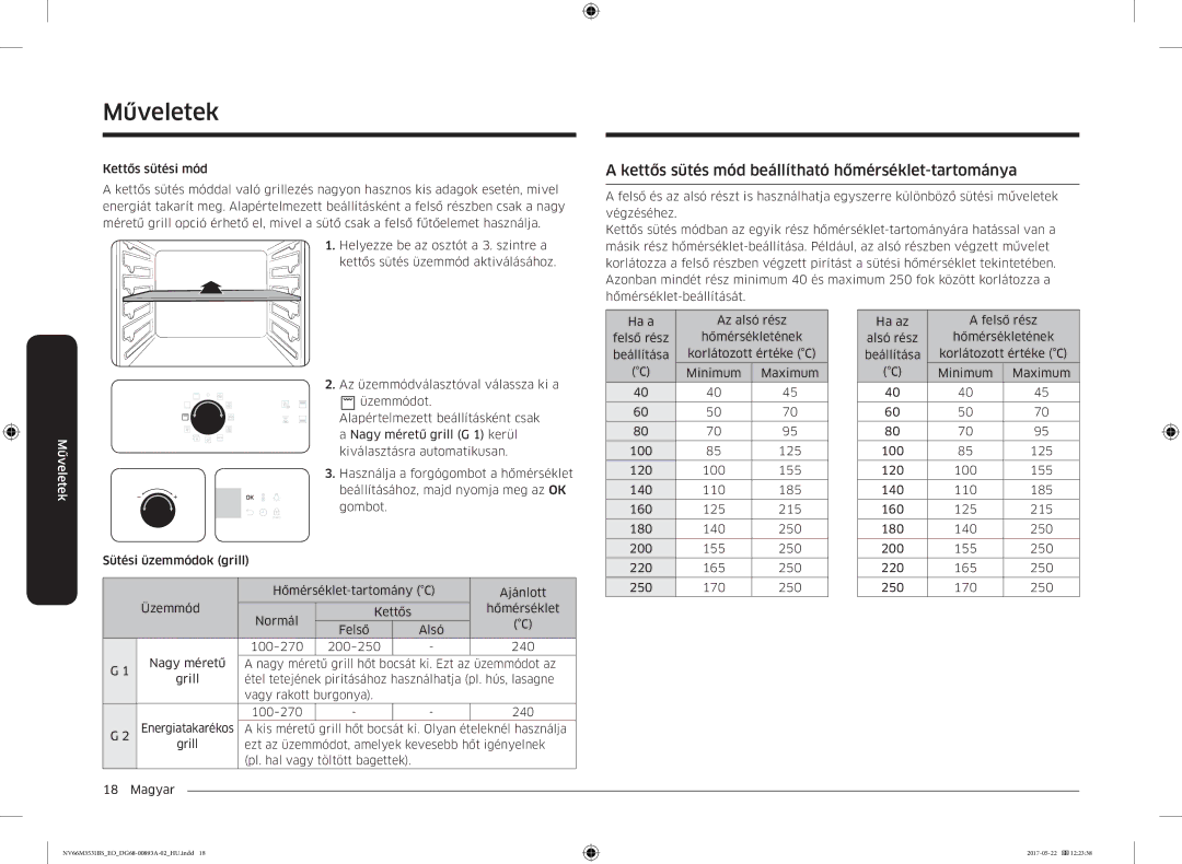 Samsung NV66M3531BS/EO manual Kettős sütés mód beállítható hőmérséklet-tartománya 