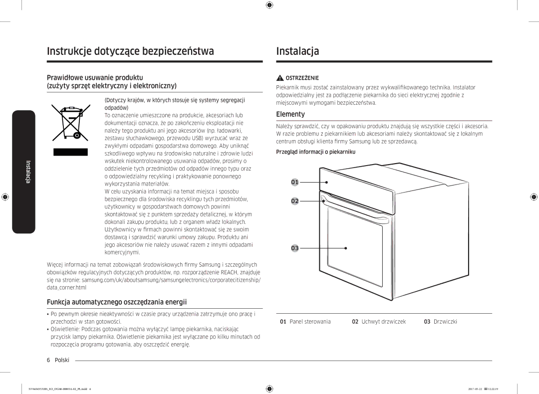 Samsung NV66M3531BS/EO Instrukcjealacja dotyczące bezpieczeństwa Instalacja, Funkcja automatycznego oszczędzania energii 