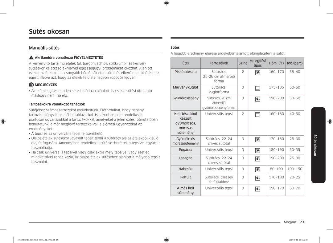 Samsung NV66M3531BS/EO manual Sütés okosan, Manuális sütés 