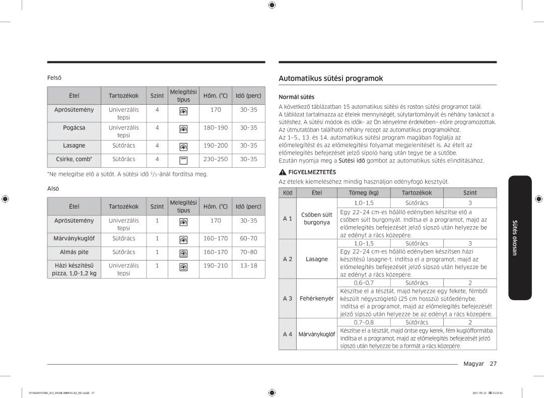 Samsung NV66M3531BS/EO manual Automatikus sütési programok 