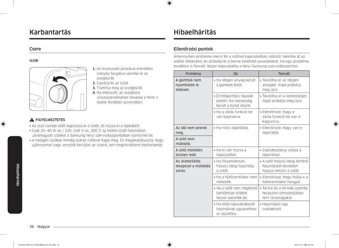 Samsung NV66M3531BS/EO manual Karbantartás Hibaelhárítás, Csere, Ellenőrzési pontok 