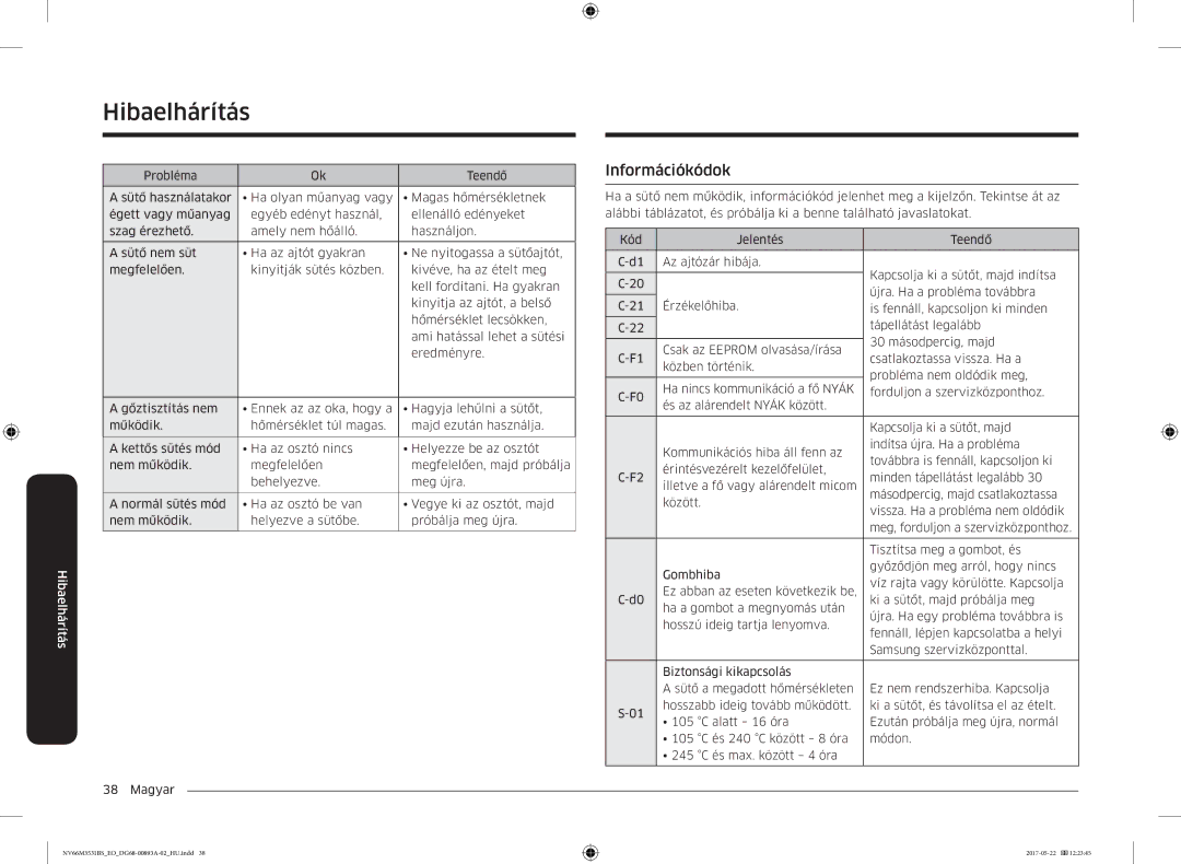 Samsung NV66M3531BS/EO manual Információkódok 