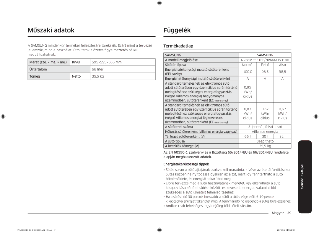 Samsung NV66M3531BS/EO manual Műszaki adatok, Függelék, Termékadatlap, Villamos energia 