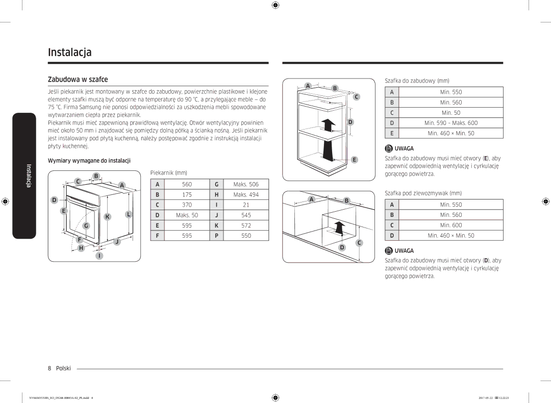 Samsung NV66M3531BS/EO manual Zabudowa w szafce 