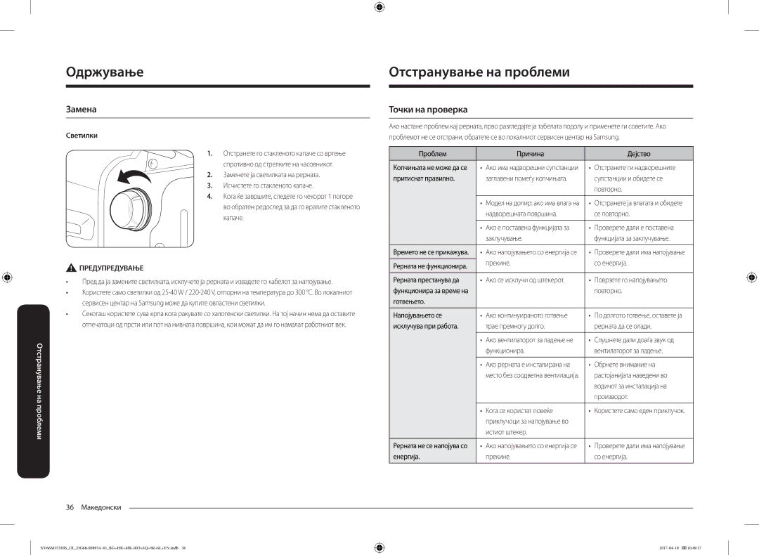 Samsung NV66M3531BS/OL, NV66M3531BS/EO manual Отстранување на проблеми, Замена, Точки на проверка, Светилки 