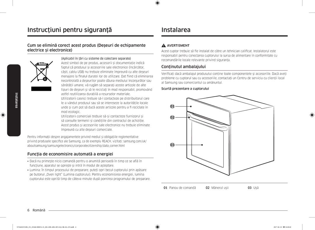 Samsung NV66M3531BS/OL manual Instrucţiunialarea pentru siguranţă Instalarea, Funcţia de economisire automată a energiei 