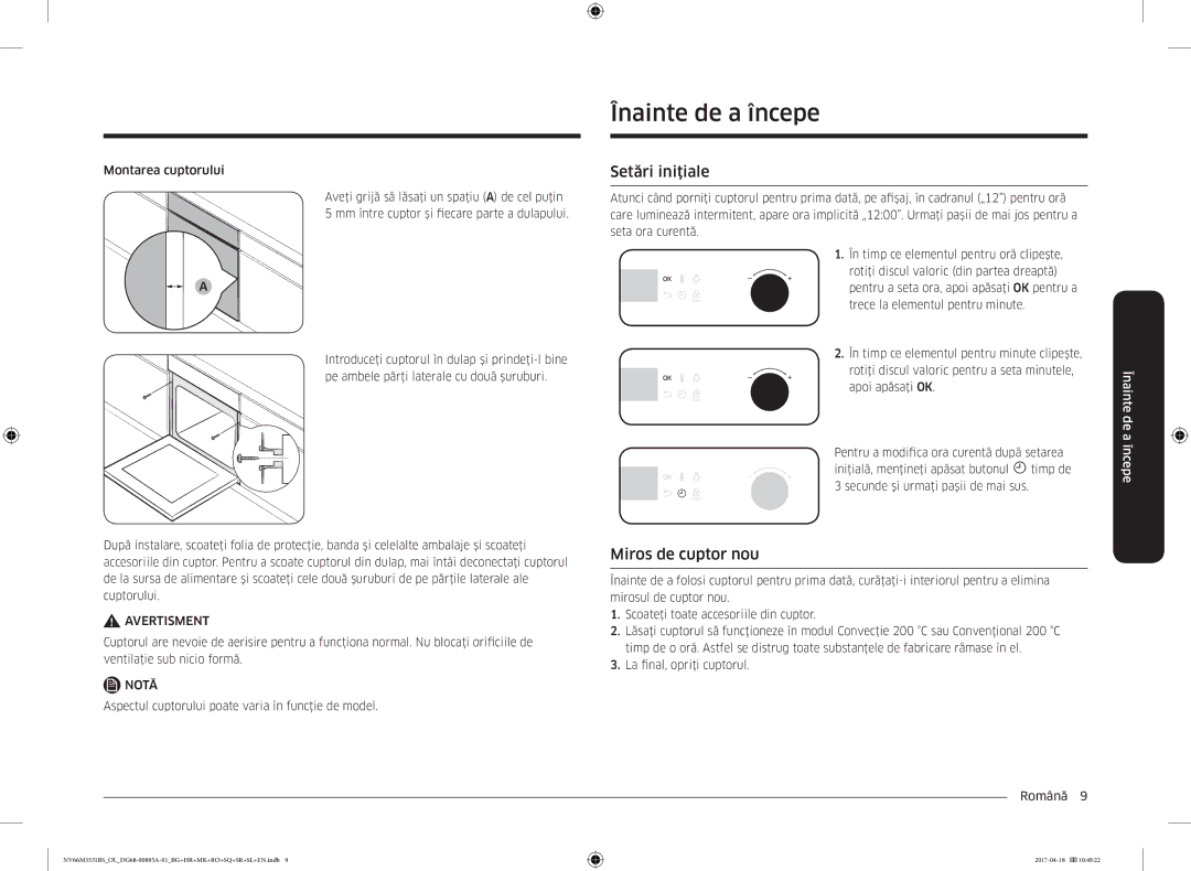 Samsung NV66M3531BS/EO, NV66M3531BS/OL manual Înainte de a începe, Setări iniţiale, Miros de cuptor nou 