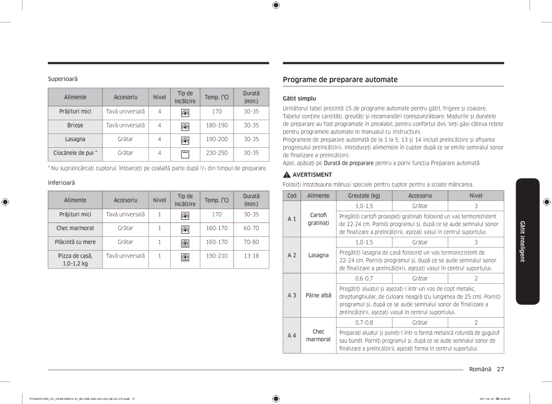 Samsung NV66M3531BS/EO, NV66M3531BS/OL manual Programe de preparare automate 