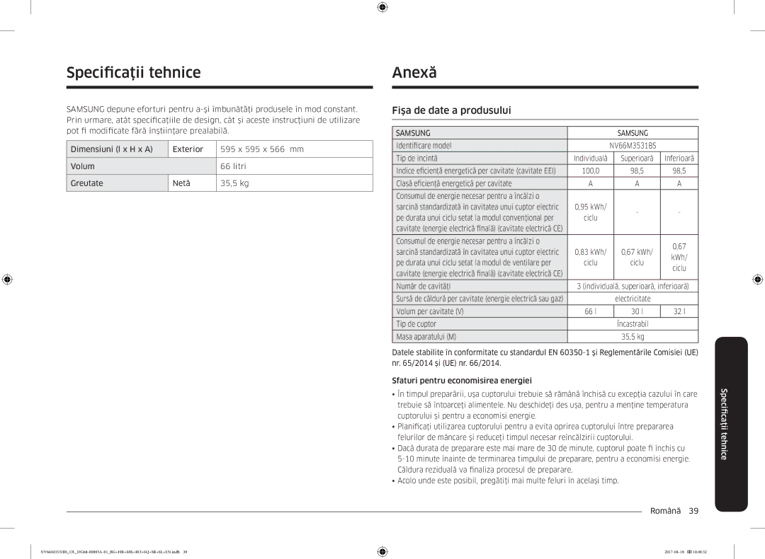 Samsung NV66M3531BS/EO, NV66M3531BS/OL manual Specificaţii tehnice, Anexă, Fişa de date a produsului 