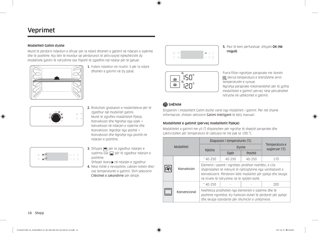 Samsung NV66M3531BS/OL, NV66M3531BS/EO manual Sipër Poshtë 40-250 170, Elementi i pasmë i ngrohjes prodhon nxehtësi, e cila 