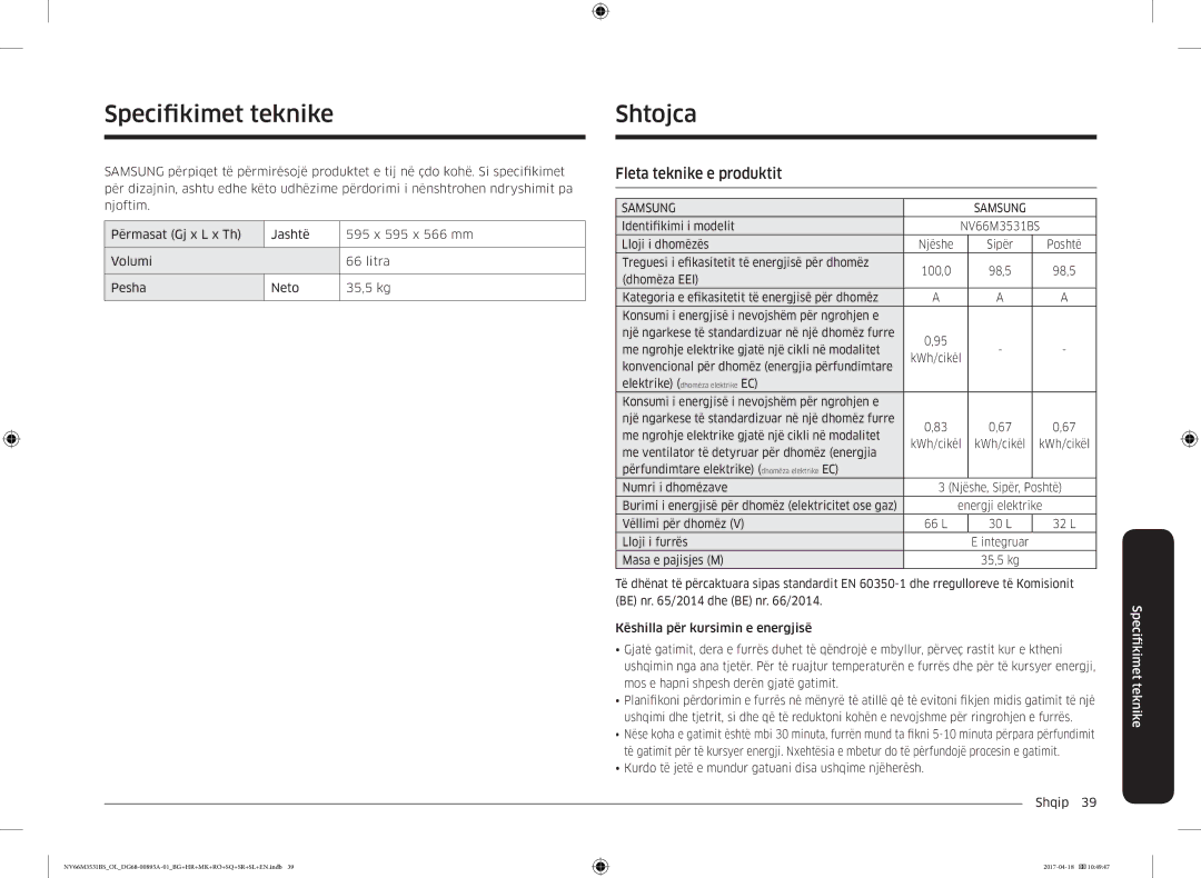 Samsung NV66M3531BS/EO, NV66M3531BS/OL manual Specifkimet teknike, Shtojca, Fleta teknike e produktit 