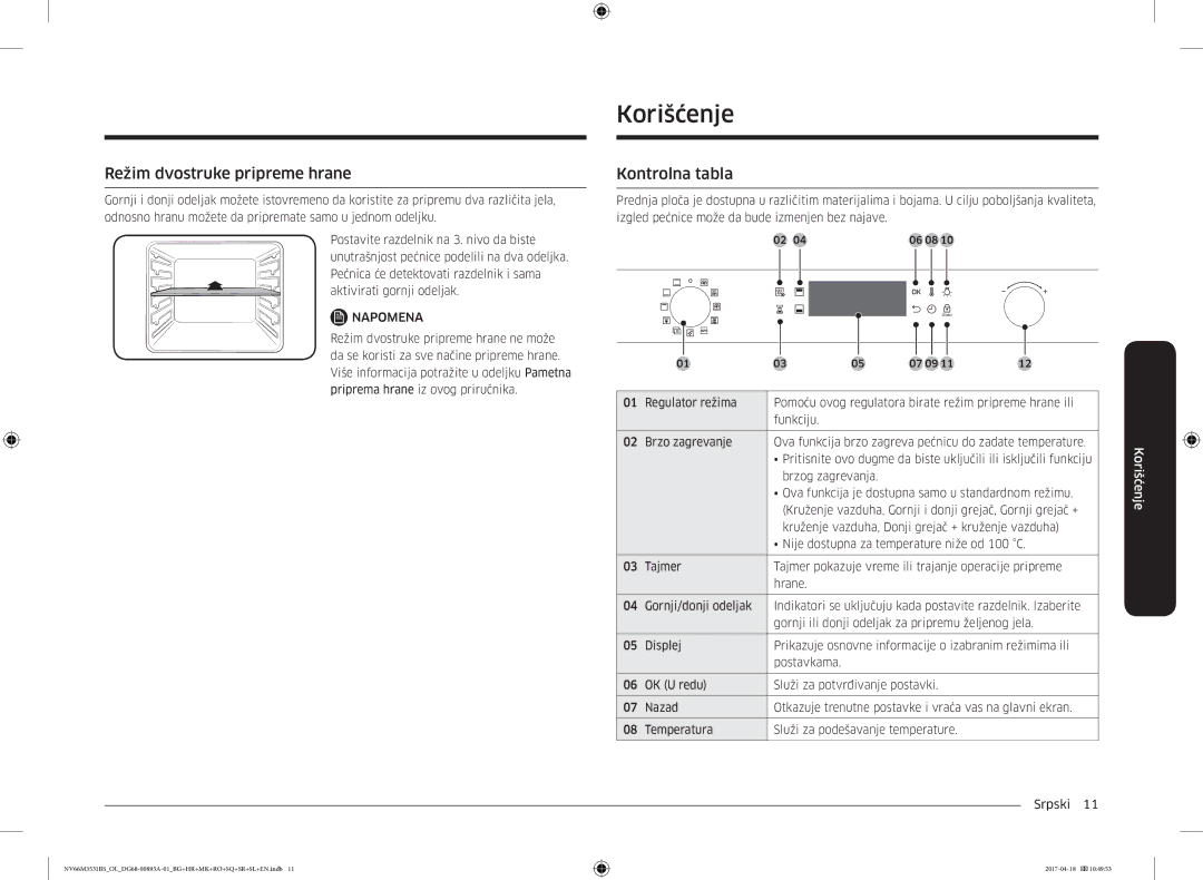 Samsung NV66M3531BS/EO, NV66M3531BS/OL manual Korišćenje, Režim dvostruke pripreme hrane, Kontrolna tabla 