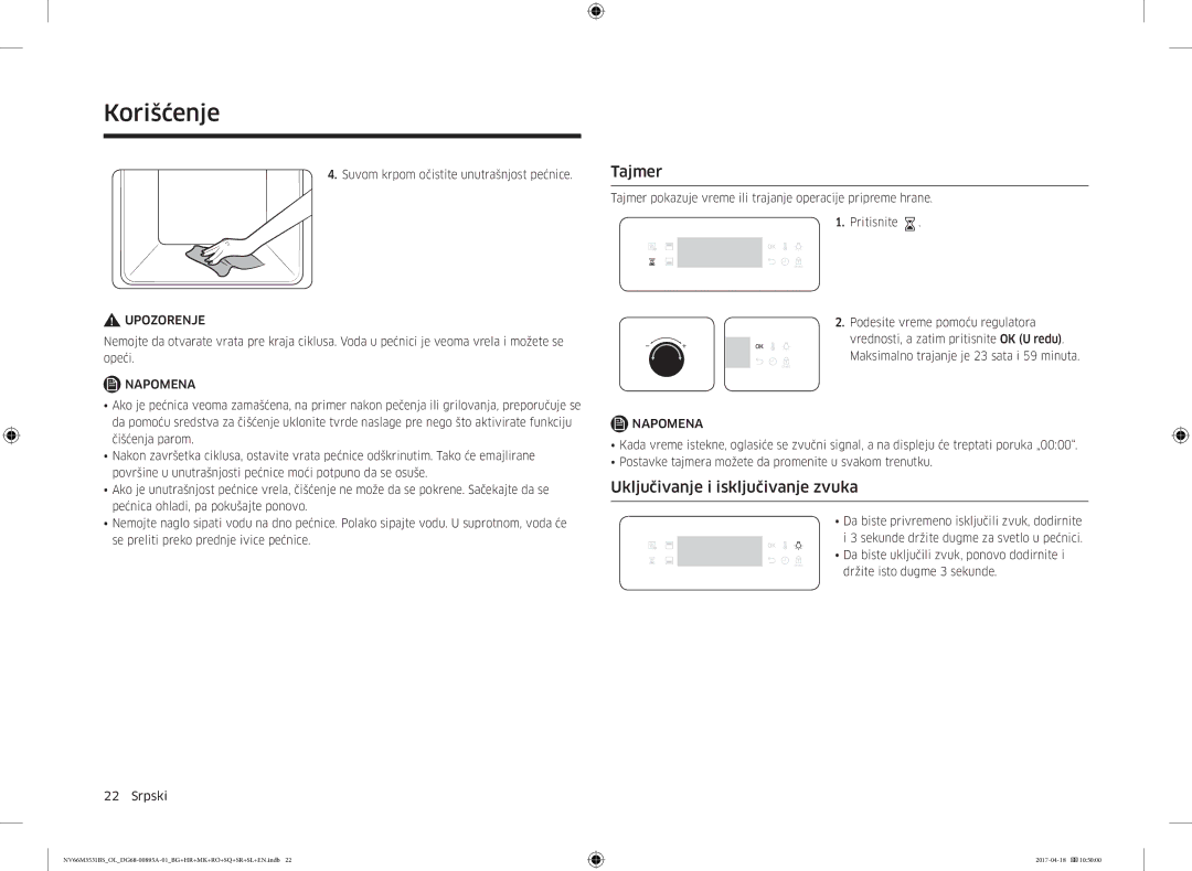 Samsung NV66M3531BS/OL manual Tajmer, Uključivanje i isključivanje zvuka, Suvom krpom očistite unutrašnjost pećnice 