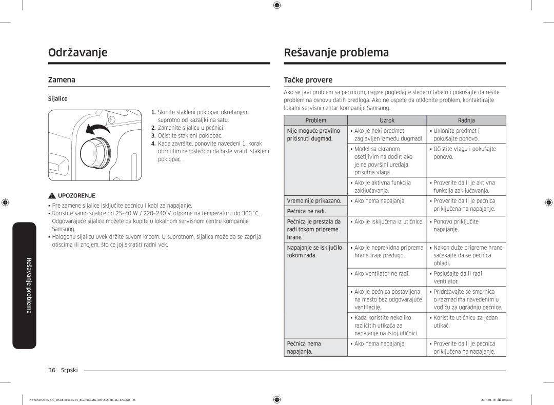 Samsung NV66M3531BS/OL, NV66M3531BS/EO manual Održavanje Rešavanje problema, Zamena, Tačke provere 