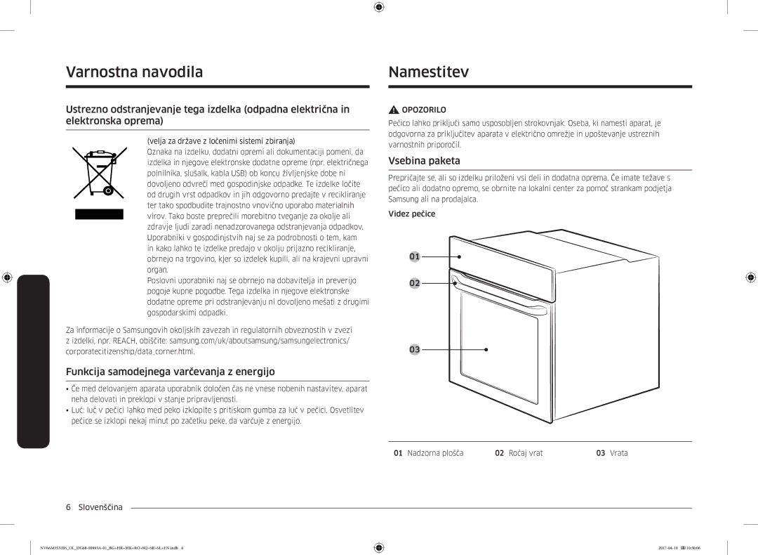 Samsung NV66M3531BS/OL NVarnomestitevnanavodilaNamestitev, Funkcija samodejnega varčevanja z energijo, Vsebina paketa 
