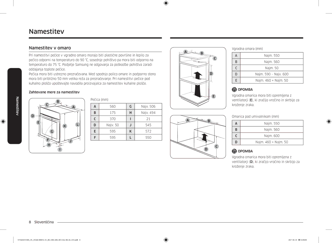 Samsung NV66M3531BS/OL, NV66M3531BS/EO manual Namestitev v omaro 