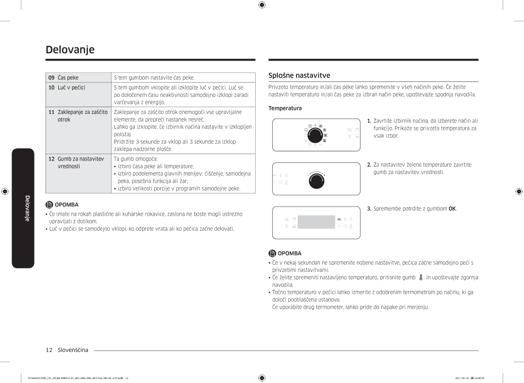 Samsung NV66M3531BS/OL, NV66M3531BS/EO manual Splošne nastavitve 