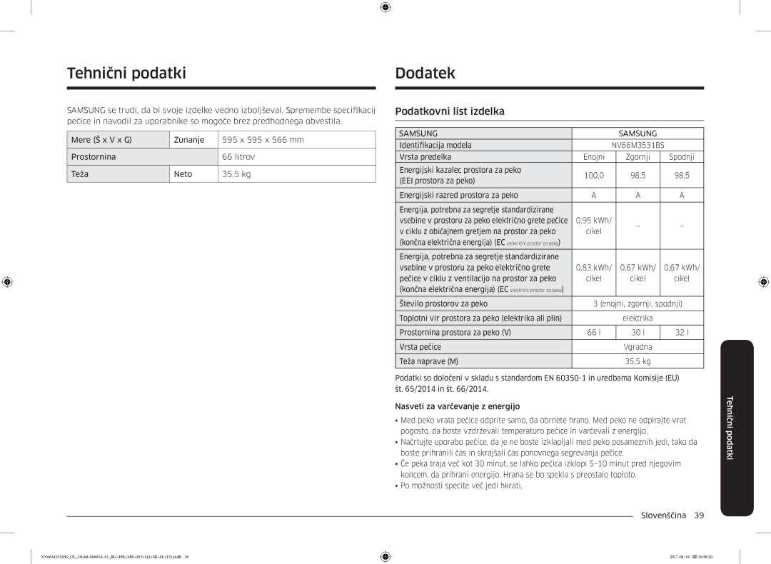 Samsung NV66M3531BS/EO, NV66M3531BS/OL manual Tehnični podatki, Dodatek, Podatkovni list izdelka 