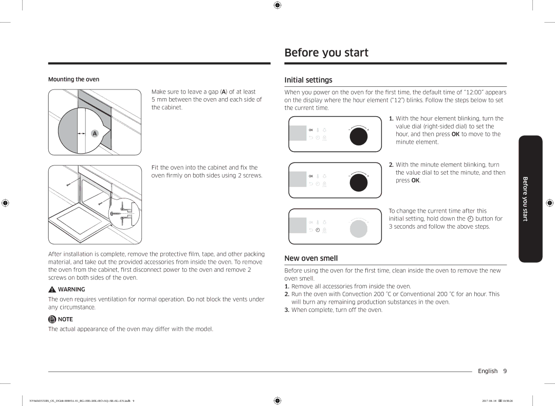 Samsung NV66M3531BS/EO, NV66M3531BS/OL manual Before you start, Initial settings, New oven smell 