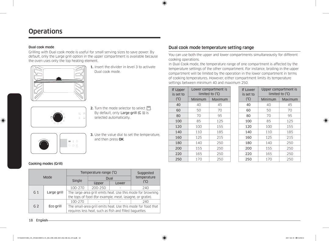 Samsung NV66M3531BS/OL, NV66M3531BS/EO manual Dual cook mode temperature setting range 