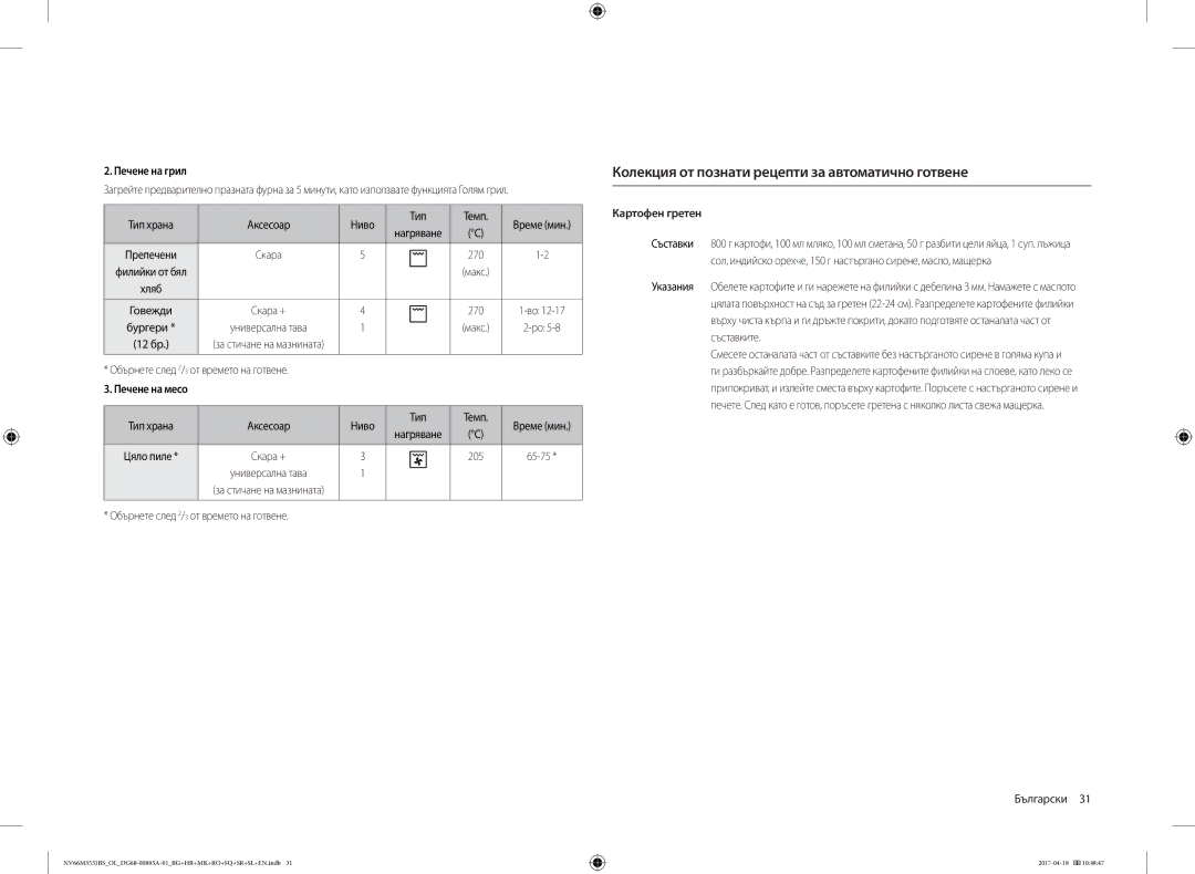 Samsung NV66M3531BS/EO manual Колекция от познати рецепти за автоматично готвене, Тип храна Аксесоар Ниво Темп, 205 65-75 