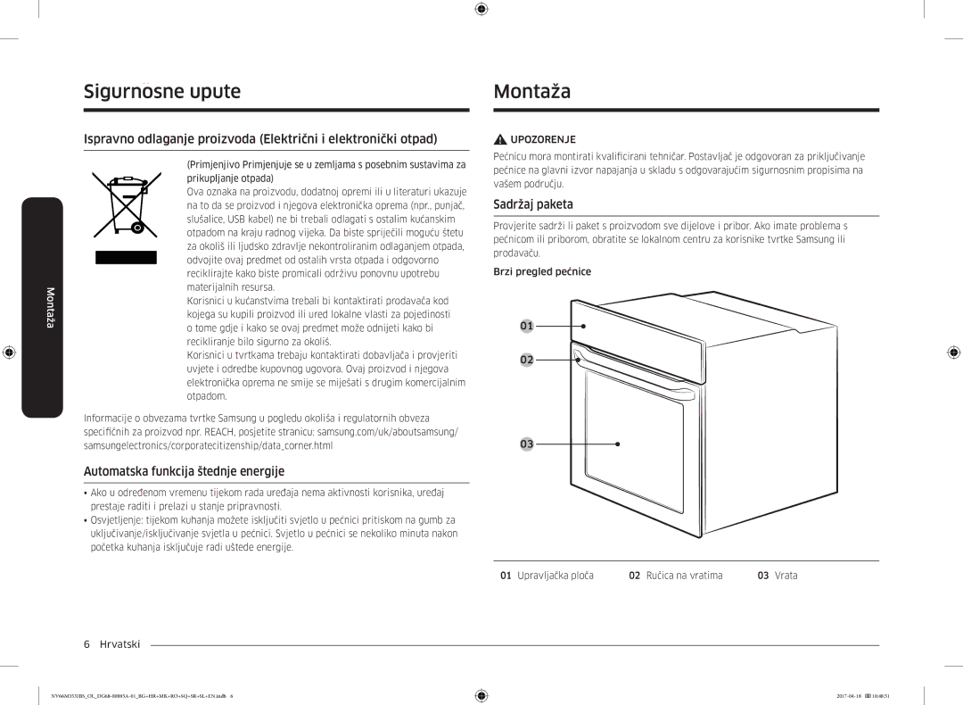 Samsung NV66M3531BS/OL, NV66M3531BS/EO manual MontažaSigurnosne upute, Automatska funkcija štednje energije, Sadržaj paketa 