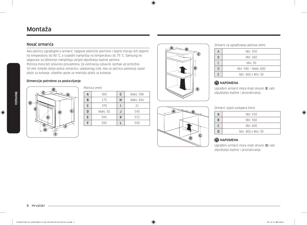 Samsung NV66M3531BS/OL, NV66M3531BS/EO manual Montaža, Nosač ormarića 