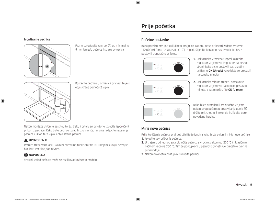 Samsung NV66M3531BS/EO, NV66M3531BS/OL manual Prije početka, Početne postavke, Miris nove pećnice 