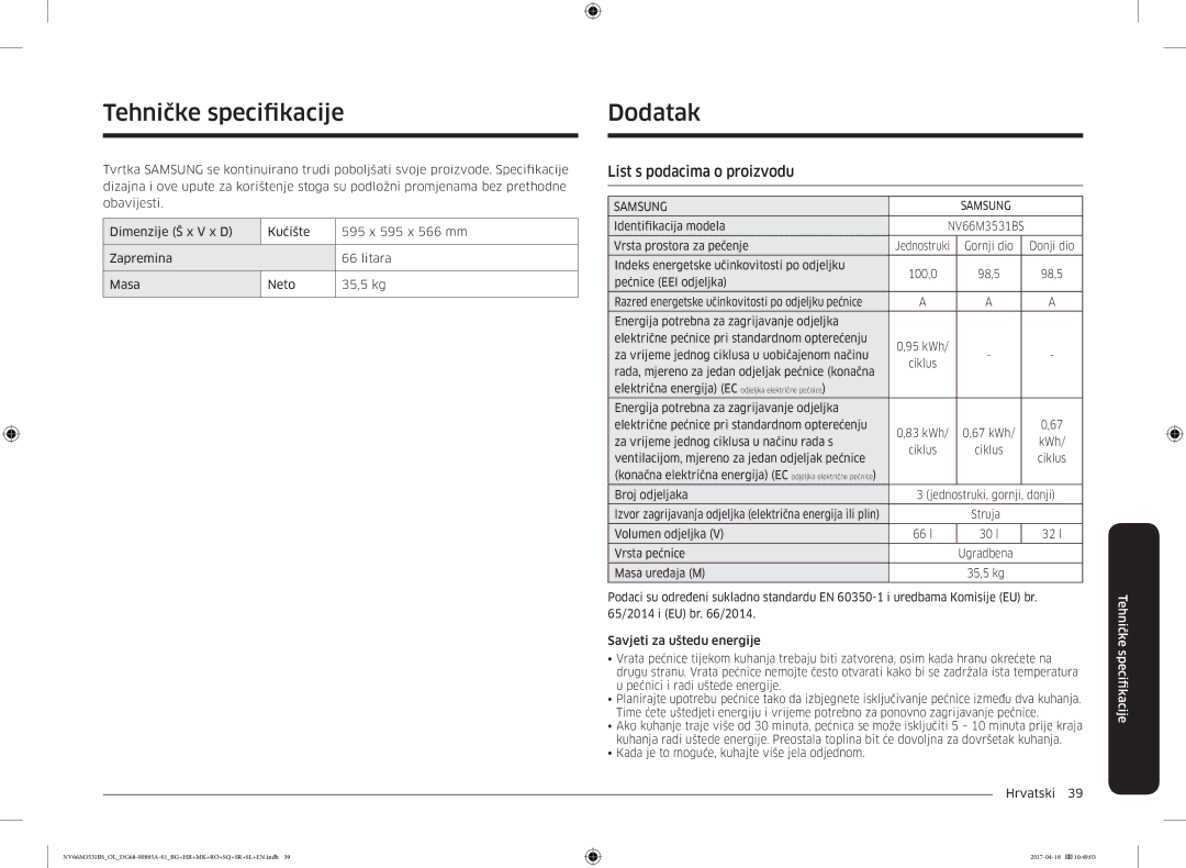 Samsung NV66M3531BS/EO, NV66M3531BS/OL manual Tehničke specifkacije, Dodatak, List s podacima o proizvodu 