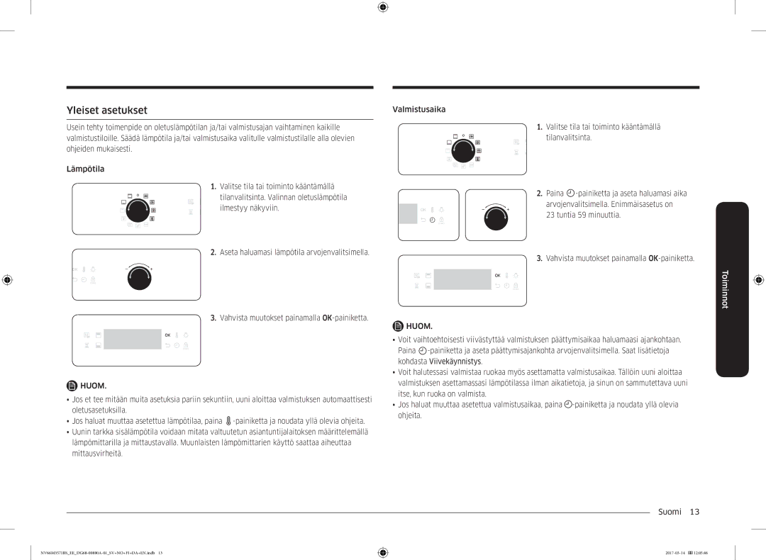 Samsung NV66M3571BS/EE manual Yleiset asetukset 